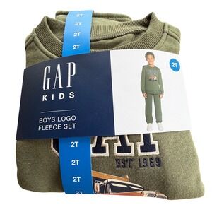 Gap Kids Boys 2T Army Green Fleece Set Dump Truck Logo Sweatshirt Pants 2pc NEW